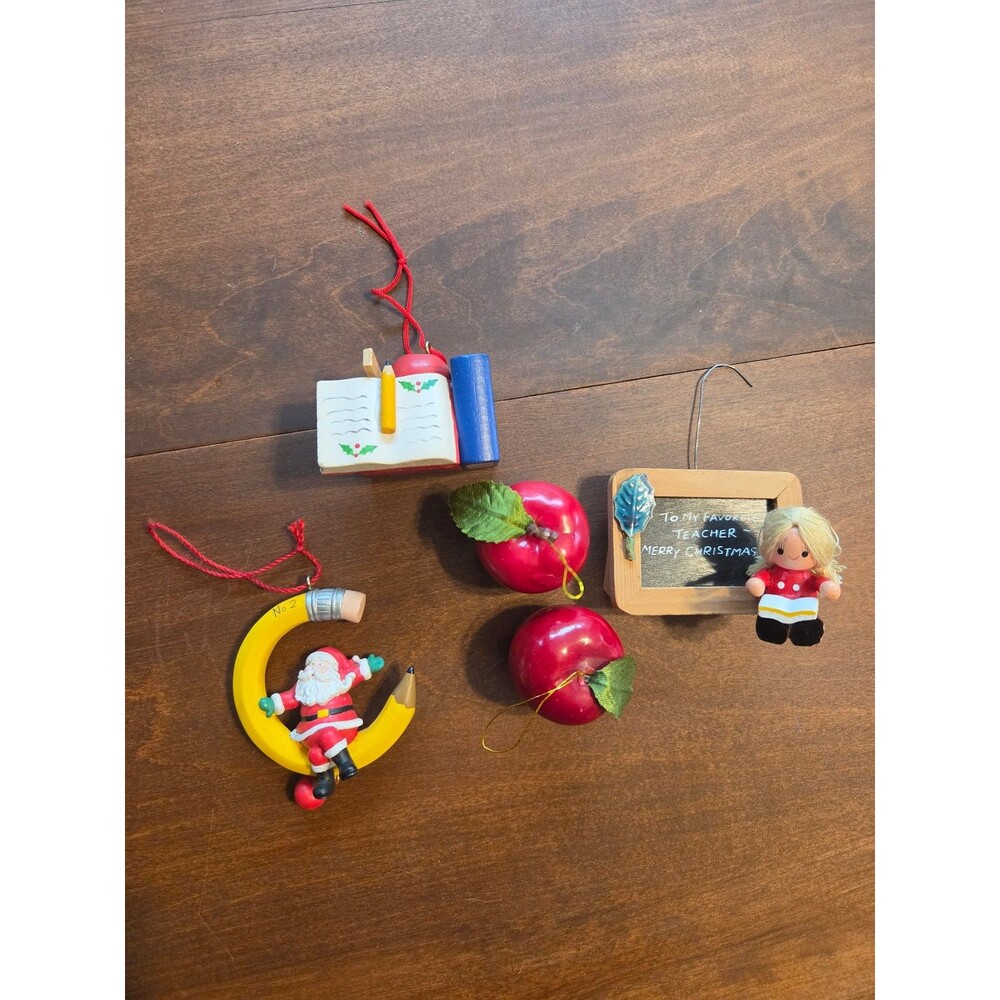 Bundle of teacher themed Christmas Ornaments Santa, Apples, Teacher Gift vintage